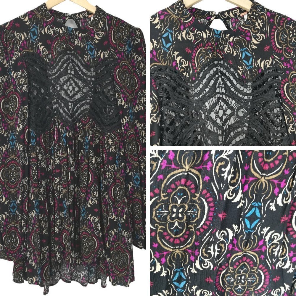 Free People Boho Lace Tunic Mini Dress Size XS Sheer Open Back Long Sleeve Black